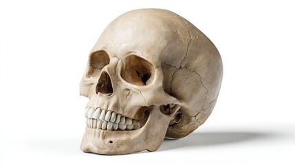 Naklejka premium Photorealistic 3D medical rendering of isolated human skull with realistic bone texture and anatomical accuracy on a clean white background