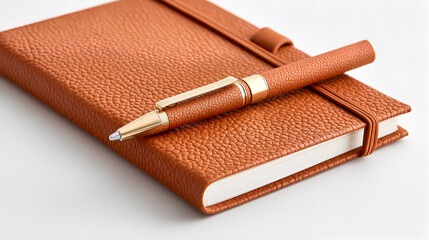 close-up of a brown leather notebook and a pen resting on its cover. The pen has a gold accent, and the notebook's texture is visible