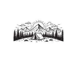 Camping in mountains silhouette illustration