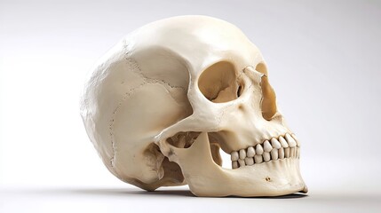 Photorealistic 3D medical rendering of isolated human skull with realistic bone texture and anatomical accuracy on a clean white background