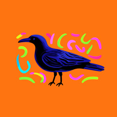 Fototapeta premium Black bird illustration on vibrant orange background with patterns 
