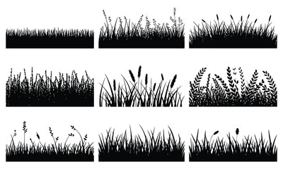Nine black silhouettes of grass and wildflowers