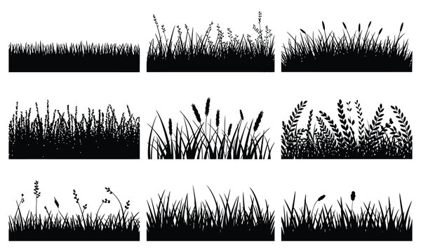 Nine black silhouettes of grass and wildflowers