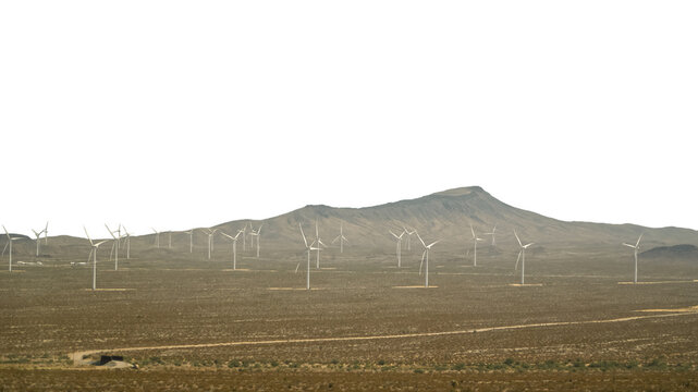 Wind Turbines in the United States Desert Area Landscape Views isolated on white background
