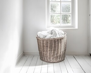 White Linen in Woven Basket Laundry Room Minimalist Interior