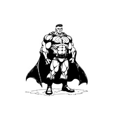 Illustrative depiction of a muscular superhero standing powerfully against a white background