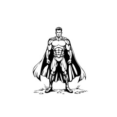 Bold superhero character standing tall with cape fluttering in a monochrome art