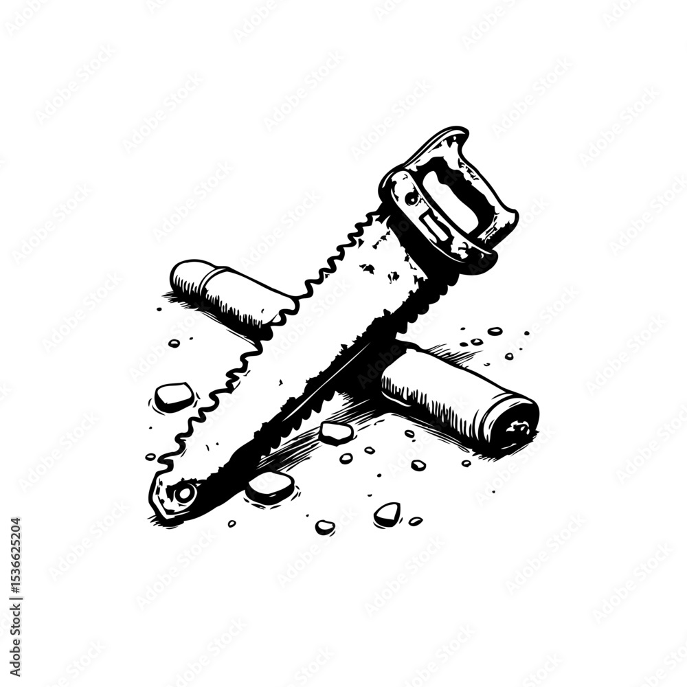 Poster hand saw and a log in artistic design expressing work tool monochrome