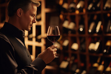 Man examining red wine in cellar