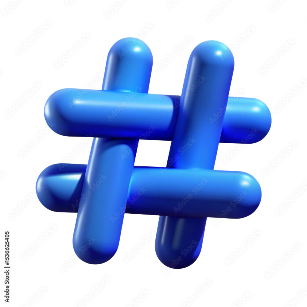 Poster 3d rendering of a glossy blue hashtag symbol on a solid transparent background