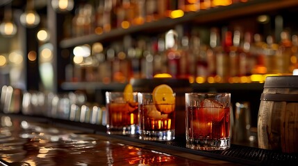 Three old fashioned cocktails on a bar top