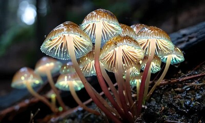 Bioluminescent Mushrooms Glow in Forest Environment at Night - Powered by Adobe