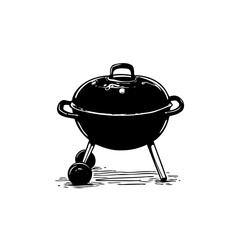 Classic black and white grill illustration on a white backdrop showcasing outdoor cooking