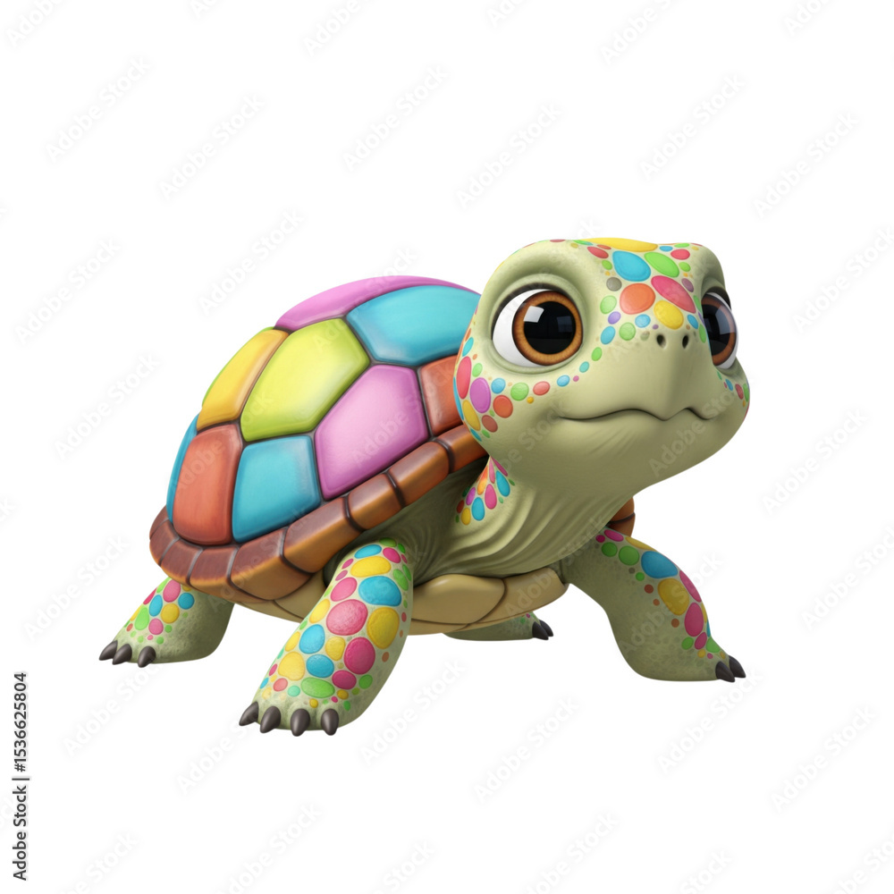Poster whimsical turtle with vibrantly colored shell on a solid background for designers