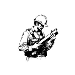 Fototapeta premium Detailed Monochrome Illustration of a Construction Worker Reviewing Plans on Site