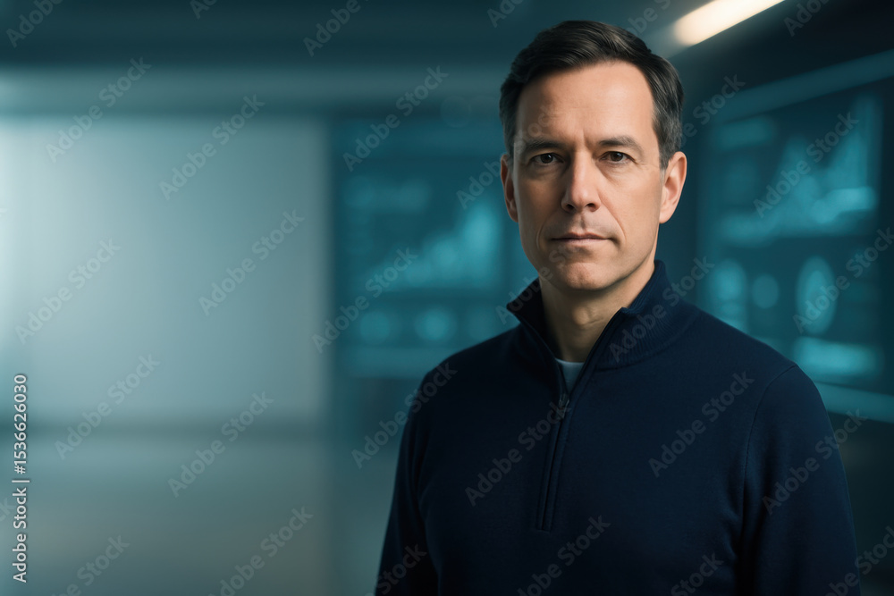 Poster confident professional in high tech setting, wearing dark sweater, with serious expression, standing