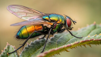 Macro close-up of a hairy housefly insect with detailed wings on a vibrant green leaf in nature