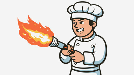 The image is a vector cartoon illustration depicting a male chef wearing a white chef's hat and uniform. He is smiling and holding a blowtorch with a large, bright orange flame emitting from it