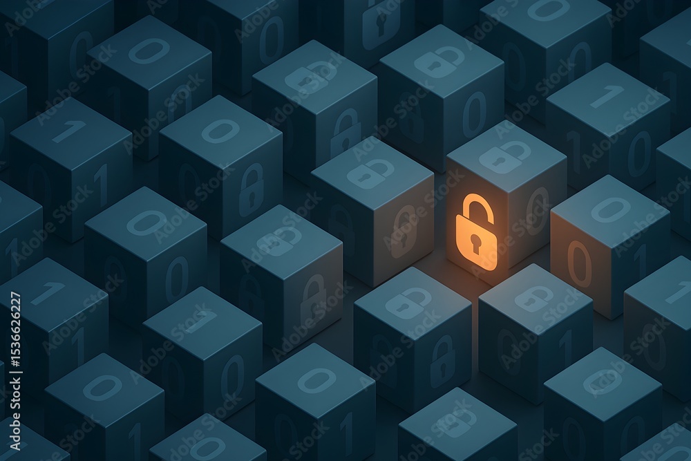 Poster digital lock on cubes symbolizes cybersecurity and password protection.
