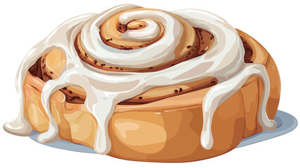 A digital illustration of a single cinnamon roll. The roll is light brown, with a visible spiral pattern. It is topped with a generous amount of off-white cream cheese frosting, 