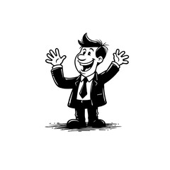 Cheerful cartoon businessman expressing joy with hands raised in a classic style