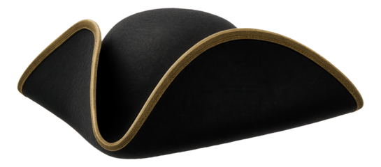 Black pirate tricorn hat with gold trim and curved edges on transparent background.