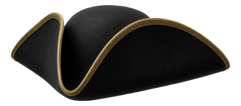 Black pirate tricorn hat with gold trim and curved edges on transparent background.