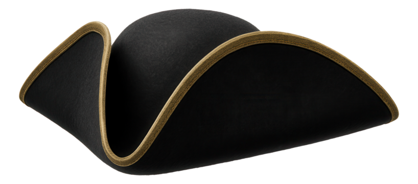 Black pirate tricorn hat with gold trim and curved edges on transparent background.
