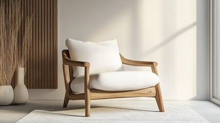 A modern wooden armchair with white cushions sits on a textured rug in a sunlit minimalist room with natural decor.