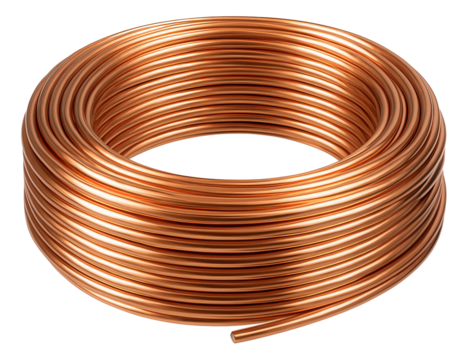 Coil of shiny copper tubing neatly wrapped in a circular shape on transparent background.