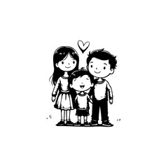 Adorable Family Portrait: Black and White Illustration of a Loving Mother, Father, and Child