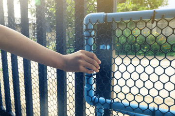 A child's hand is opening a small PVC door to block dogs.