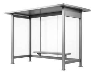 Modern metal and glass bus shelter with a bench, featuring a minimalist design on transparent background.