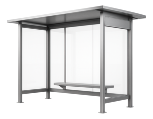 Modern metal and glass bus shelter with a bench, featuring a minimalist design on transparent background.