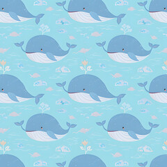 Obraz premium Whale Pattern: Whimsical illustration of a repeating pattern featuring adorable cartoon whales swimming in a serene ocean setting. This playful design exudes a sense of joy and the magic of the sea.