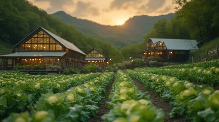 Fototapeta premium Rustic farm buildings nestled in a cabbage field at sunset