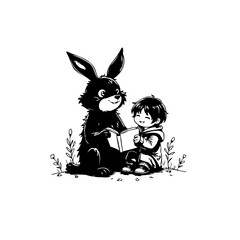 A charming monochrome illustration of a child reading with an anthropomorphic rabbit