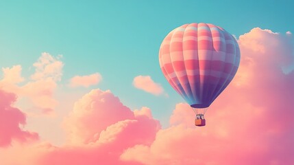 Fototapeta premium Pastel pink and blue hot air balloon floats serenely amidst fluffy, cotton-candy clouds in a dreamy, sun-kissed sky; a tranquil, whimsical scene evoking feelings of freedom and adventure