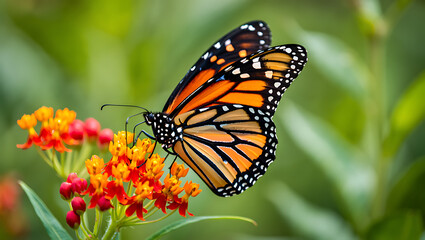 A monarch butterfly with vibrant orange wings sips nectar from a colorful flower in a summer garden