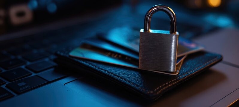 The padlock securing credit cards on a laptop in a cyber safety setting.