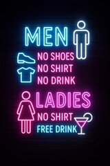 Humorous Neon Bar Entrance Sign with Dress Code Rules for Men and Women