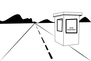 Simple nature drawing with toll booth and road with mountains isolated on white background - vector illustration