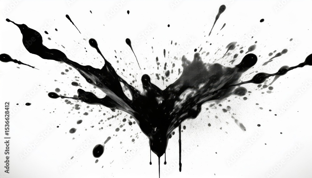 Poster dynamic black ink splash explosion on white background with dripping trails and scattered droplets i