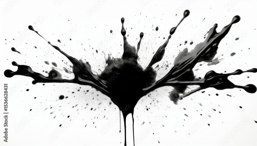 Poster dynamic black ink splash explosion on white background with dripping trails and scattered droplets i