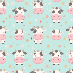 Cute Cartoon Cow Pattern: A charming and whimsical pattern showcasing adorable cartoon cows with delightful expressions and details on a pastel background.