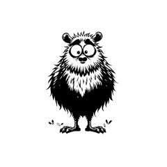 Whimsical black and white cartoon illustration of a fluffy, surprised creature