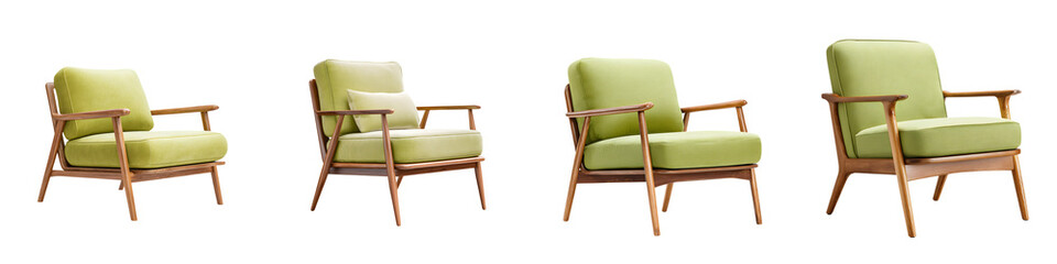 Mid century style green upholstered wooden armchairs