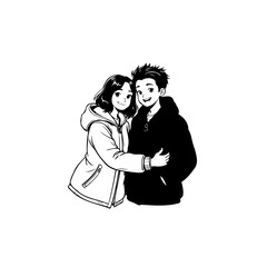 Black and white illustration of a cute couple embracing warmly with happy expressions