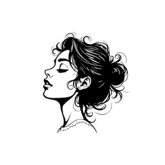 Elegant monochrome portrait of a woman with curly hair in a minimalist line art style