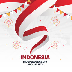 Indonesia Independence Day August 17th with waving ribbon flag and fireworks on dotted map sunburst background